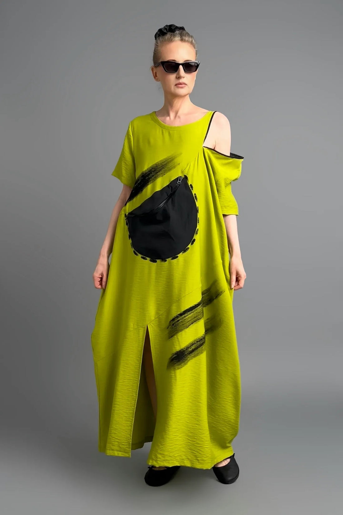 Grünes Damen Maxikleid B-ONE mit Print & Tasche – Baumwollmix Avantgarde Look – EU 36/46 – Made in Türkei -  MODEARE
