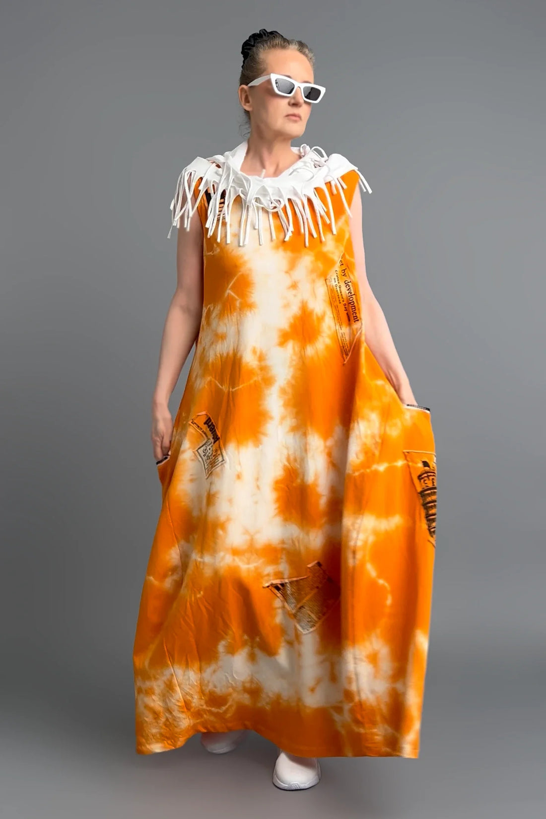 B-ONE Damen Batik Maxikleid Orange Weiß aus Baumwolle, Made in Türkei, Größen EU 36/46, Sommerkleid Avantgarde -  MODEARE
