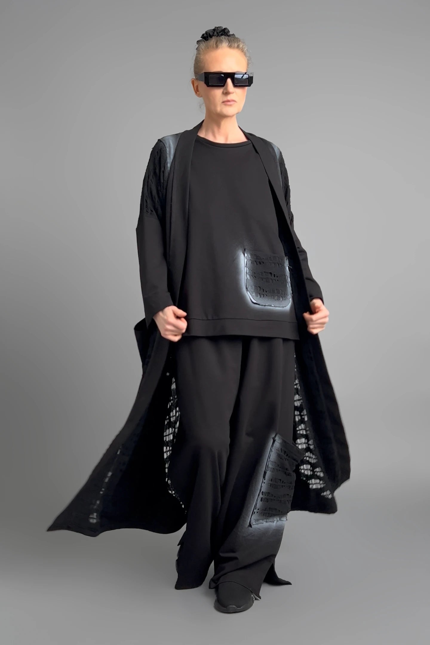 Damen Dreiteiler Schwarz B-ONE, Oversize Cardigan Shirt Hose