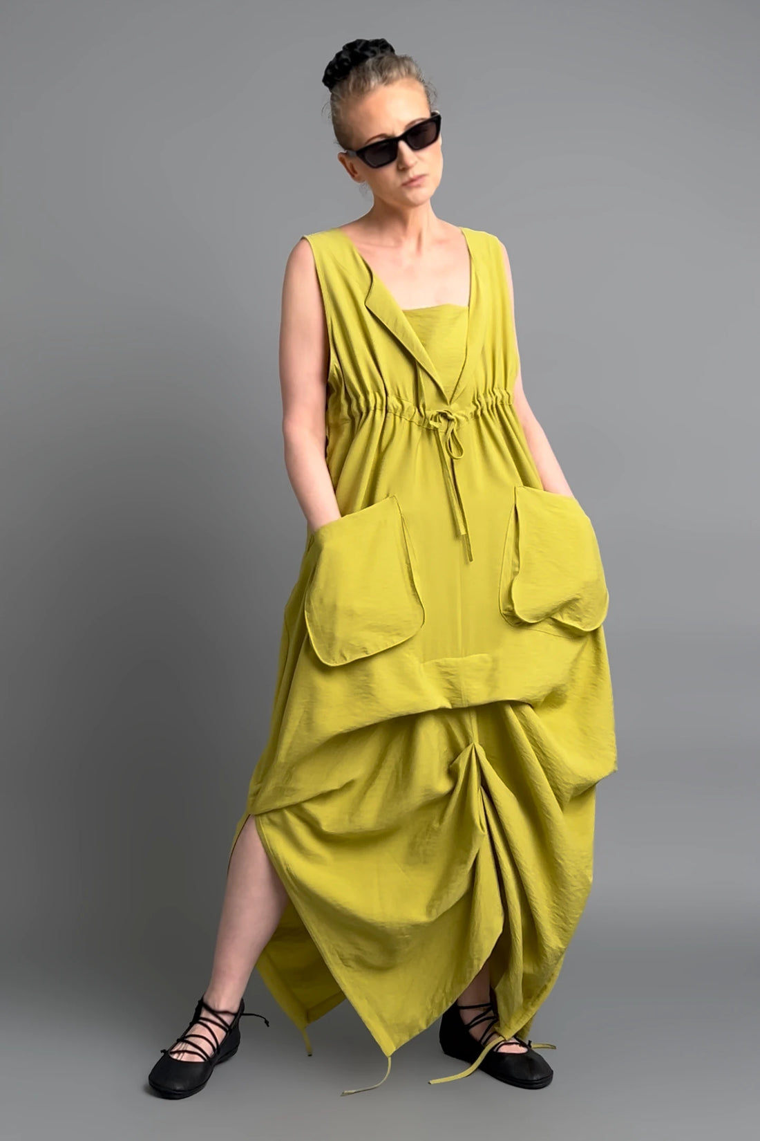 Caraclan Damen Kleid Chartreuse Viskose Baumwolle, Oversized Ballonschnitt, EU 38 bis 50 – Avantgarde Sommerkleid -  MODEARE