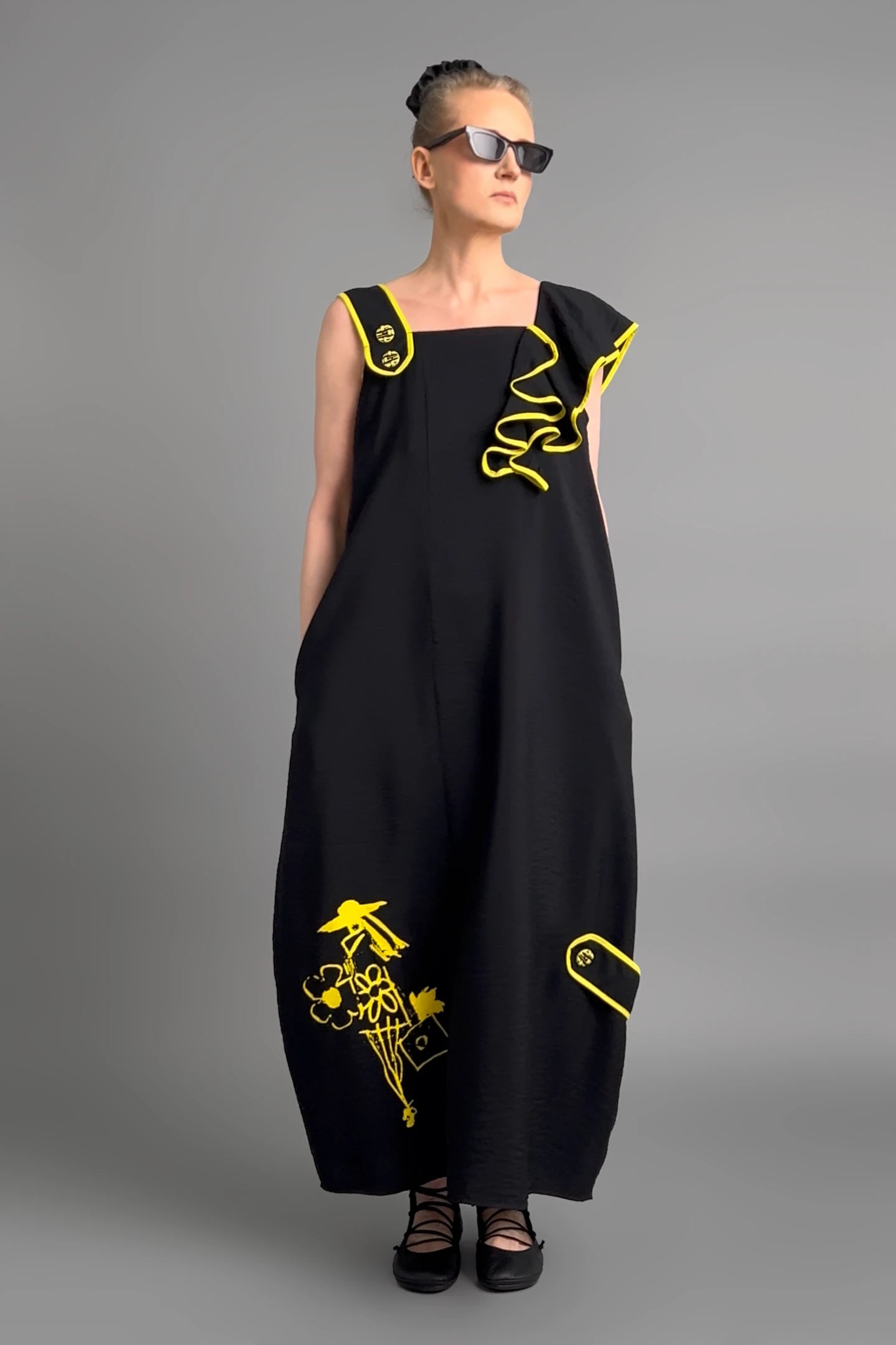 Damen Kleid schwarz-gelb LUANI Avantgarde Maxikleid aus Baumwolle, gelbe Details, EU 40 bis 48 -  MODEARE