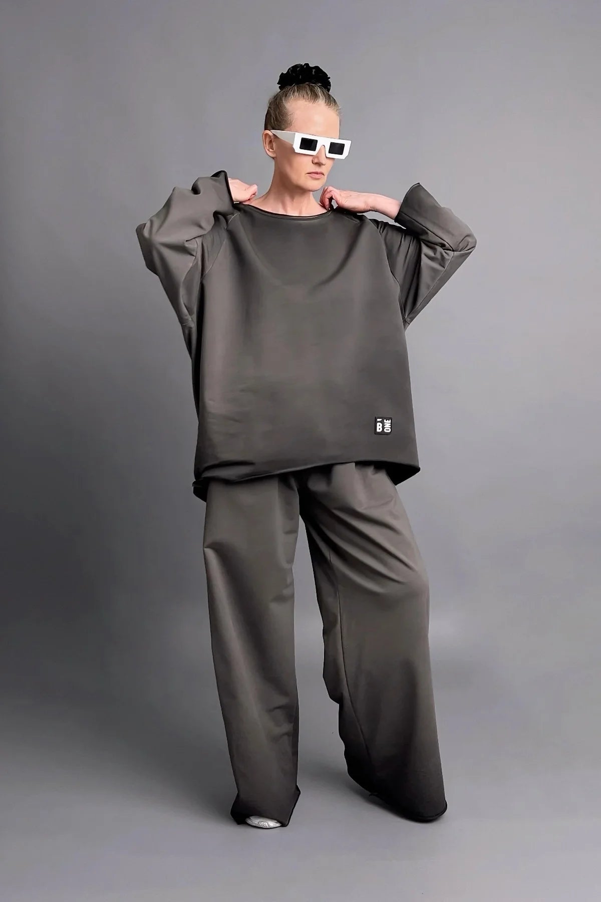 3-teiliges Oversize-Set mit Shirt, Hose und Cardigan in graphitschwarz aus French Terry