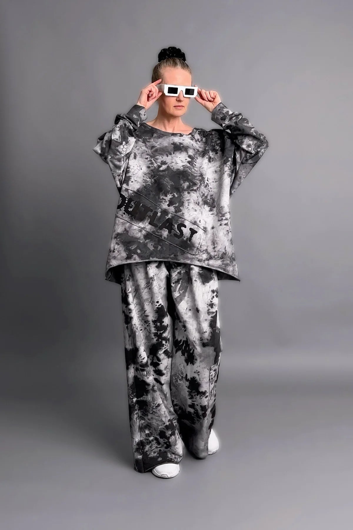 Oversize 3-Teiler mit Batikprint in Grau-Schwarz aus schwerem French Terry