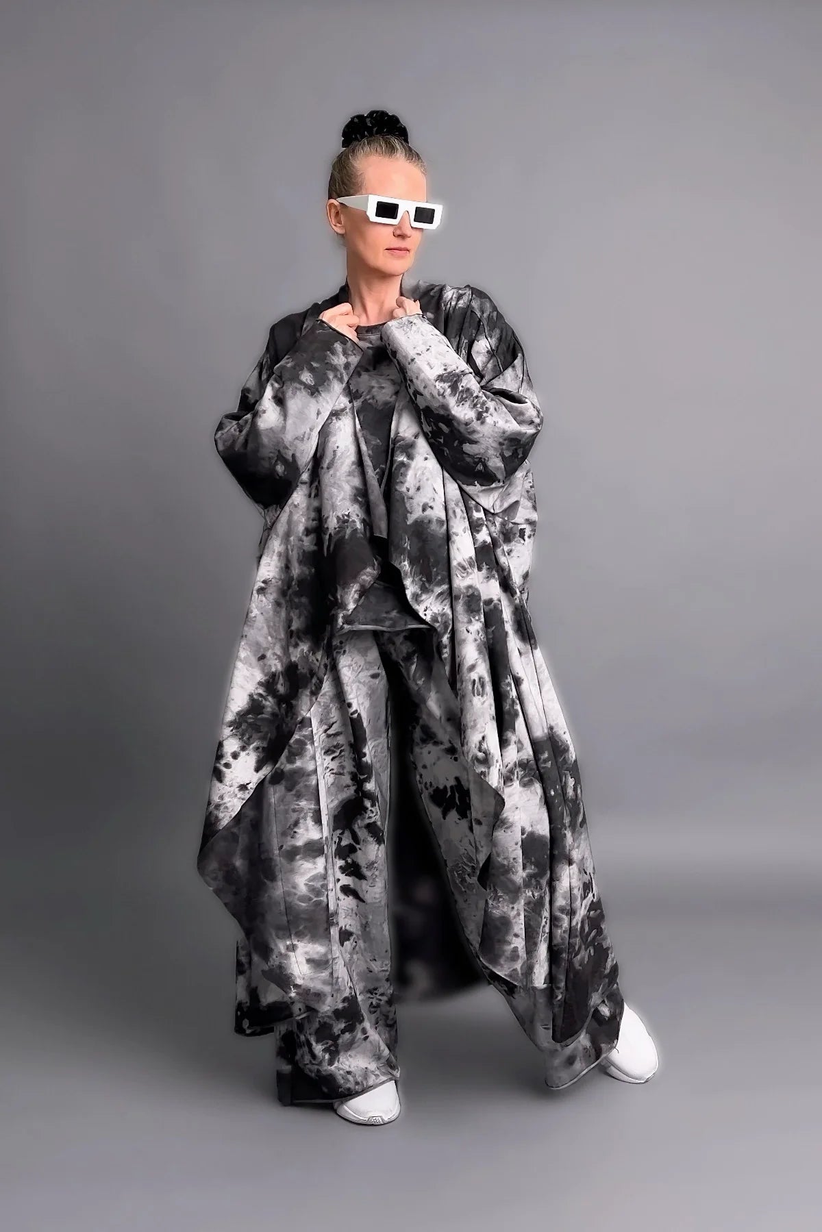 Oversize 3-Teiler mit Batikprint in Grau-Schwarz aus schwerem French Terry
