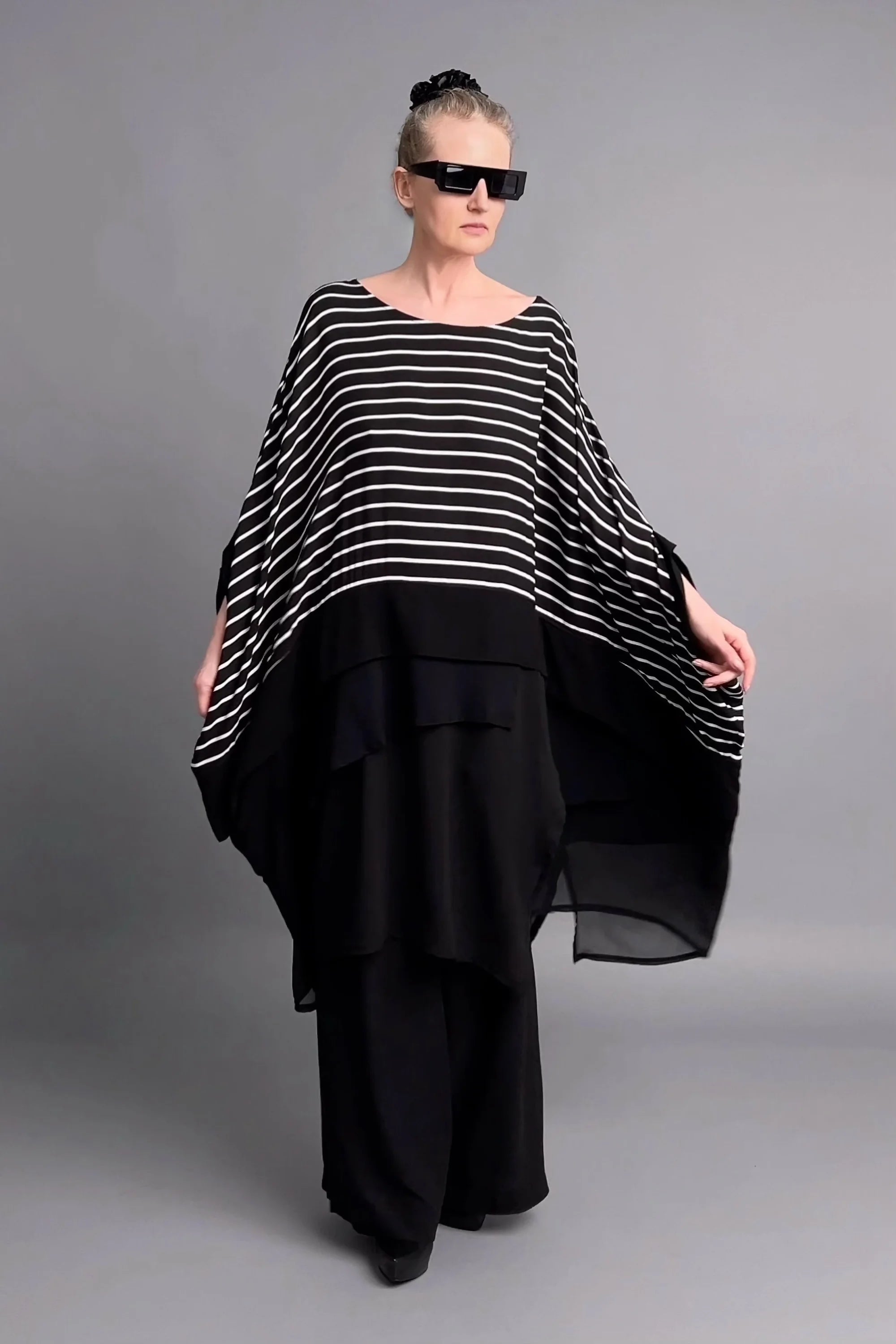 Maxlive Weite Palazzohose in fließender Optik aus schwarzem Chiffon-Lagenlook
