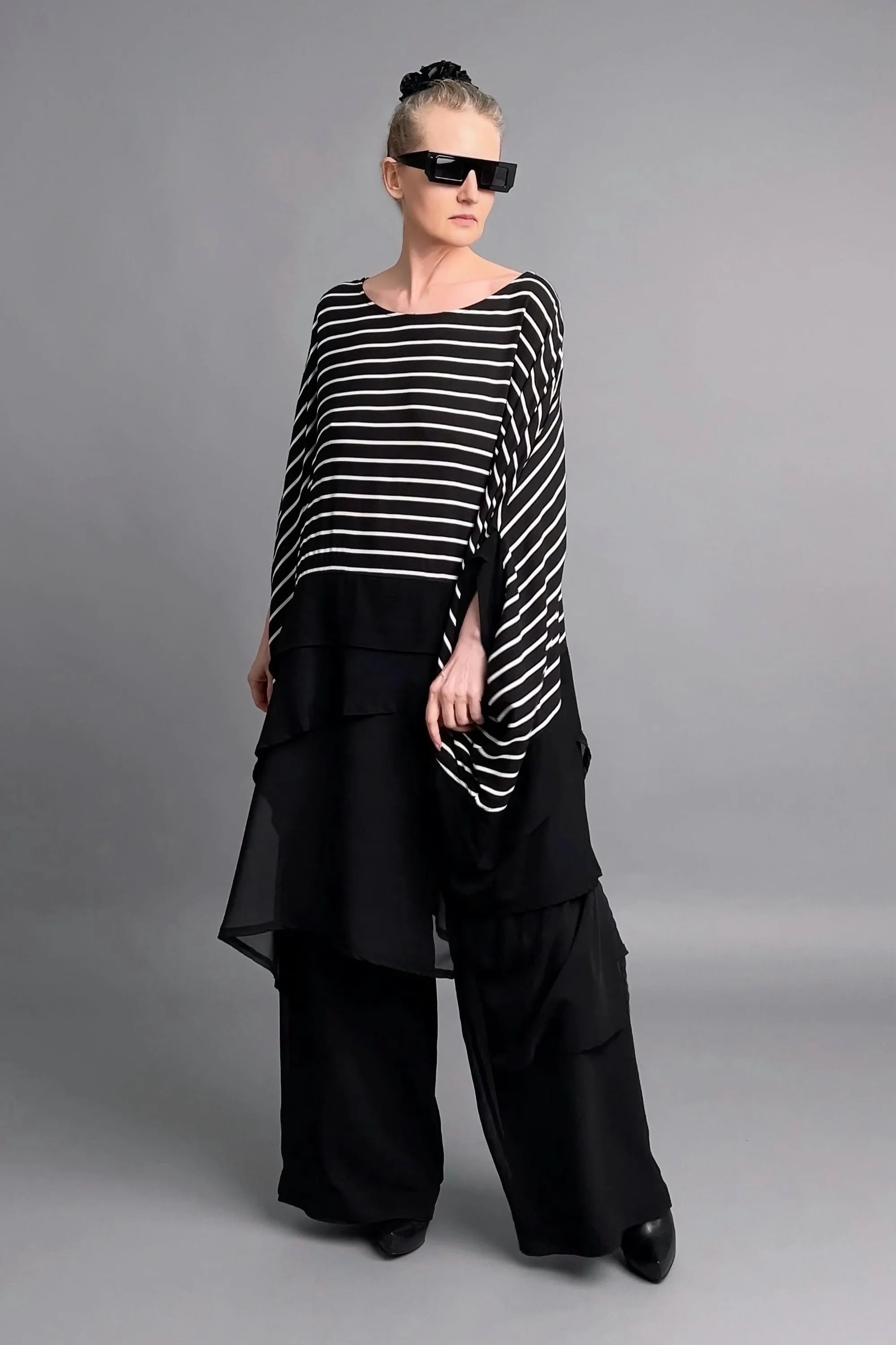 Maxlive Weite Palazzohose in fließender Optik aus schwarzem Chiffon-Lagenlook