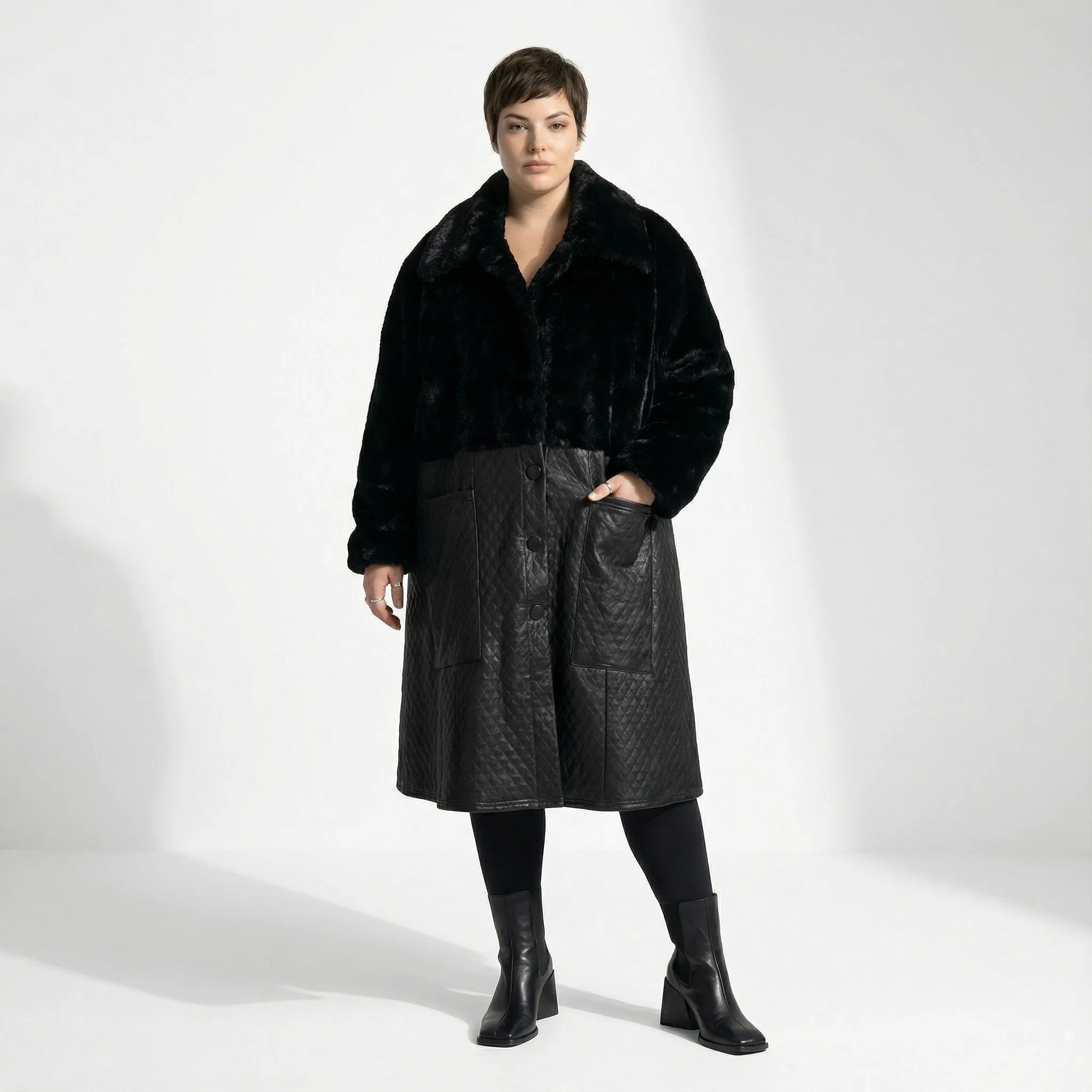 Oversize Ballon Wintermantel aus Plüsch mit Lederimitat Mix warm und voluminös