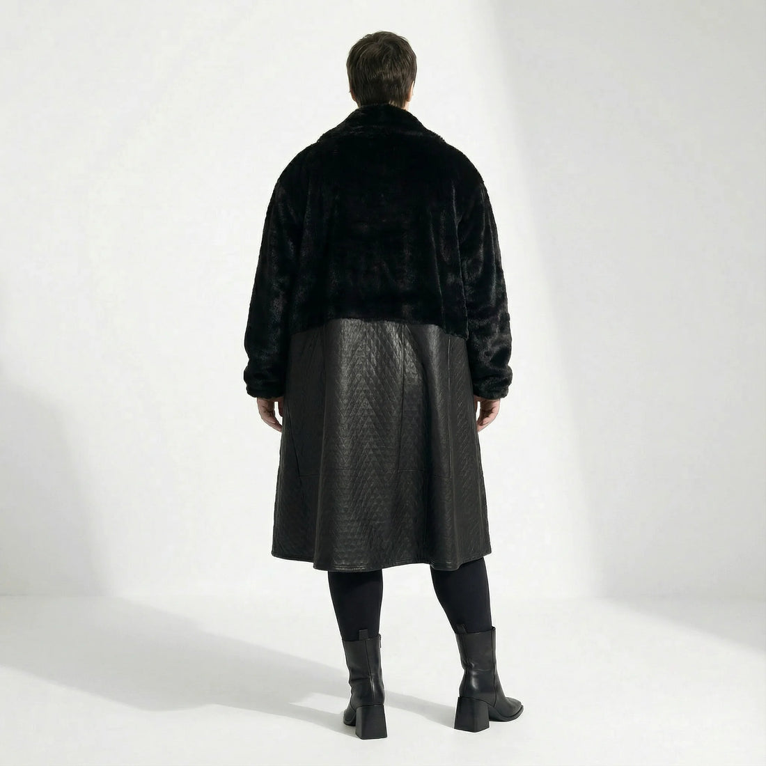 Oversize Ballon Wintermantel aus Plüsch mit Lederimitat Mix warm und voluminös